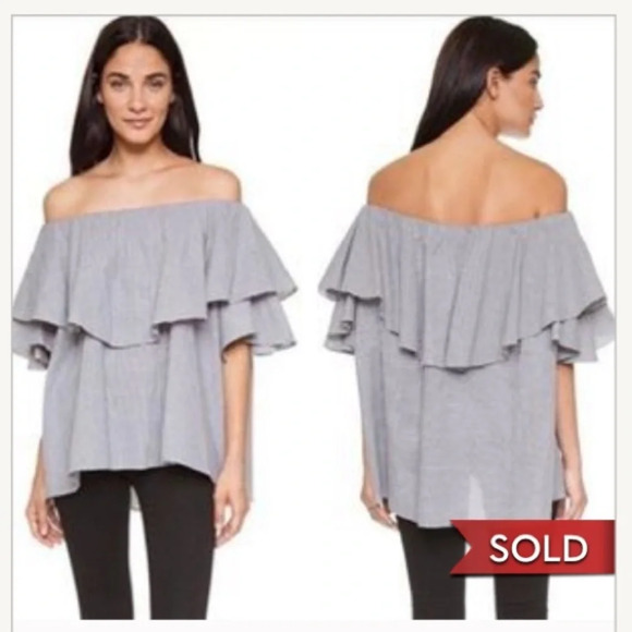 MLM Blouse Womens Small Navy Off The Shoulder Short Sleeve Top Silky Ruffle - Picture 2 of 13